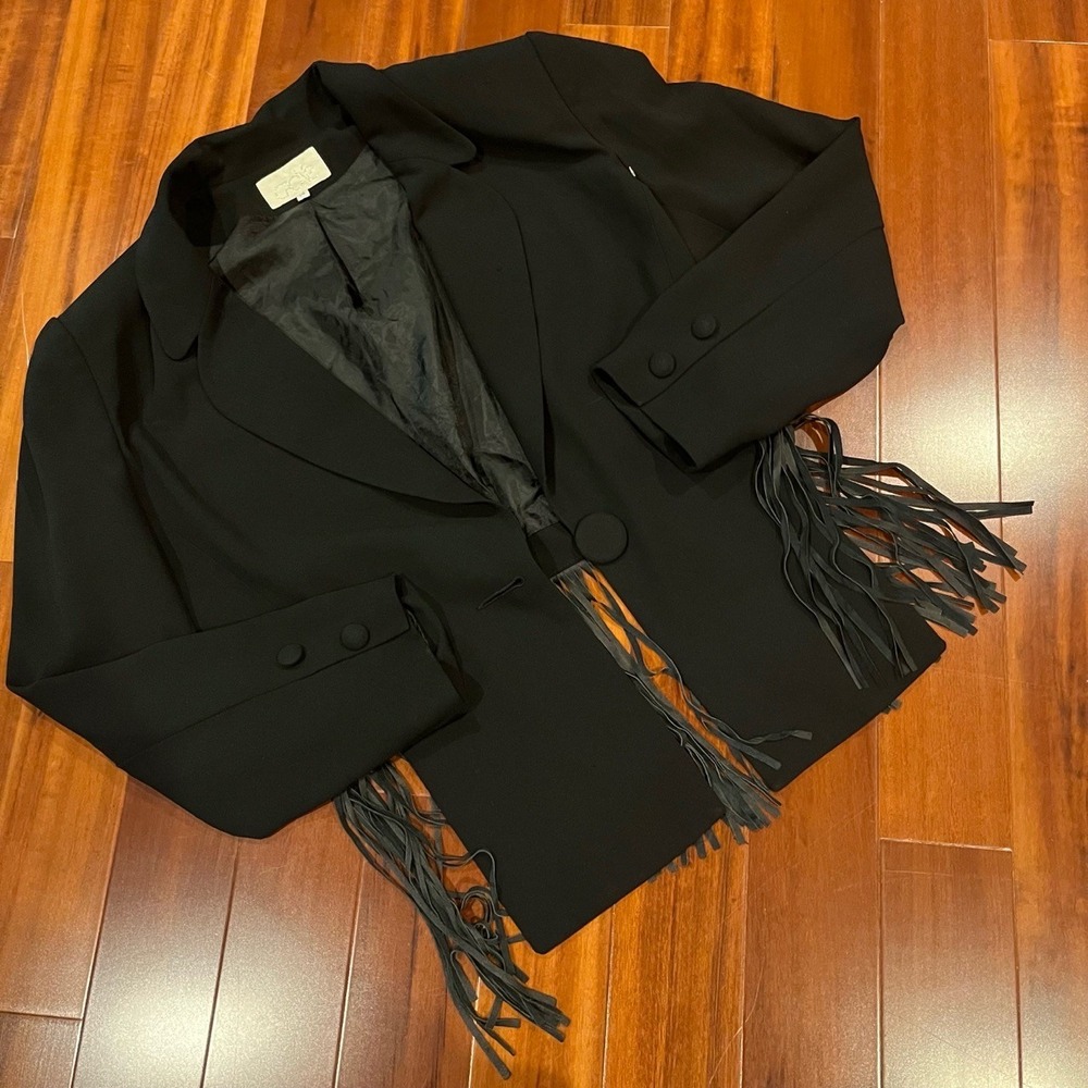 Cache Black Jacket Fringe Trim Single Button Notched Lapel Blazer Western Sz 14